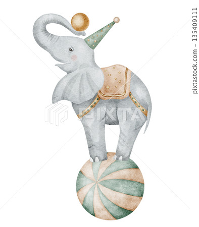 Circus elephant on ball watercolor illustration. Art of Carnival animal for nursery posters, children birthday cards and baby shower invitations. Clipart for party design in pastel colors. 135409111