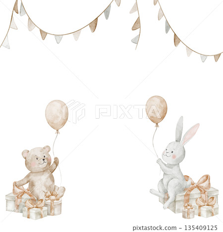 Bear and hare watercolor illustration sitting on gift boxes with balloons. Nursery card design for birthday greetings, baby shower invitations, posters and baby room pastel artwork. 135409125
