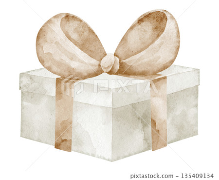 Gift box watercolor illustration with present and ribbon and bow in neutral beige pastel tones. Drawing for childish party design, baby shower greeting cards or kids Birthday invitations. Gift box watercolor illustration with present and ribbon and bow in neutral beige pastel tones. Drawing for childish party design, baby shower greeting cards or kids Birthday invitations. 135409134