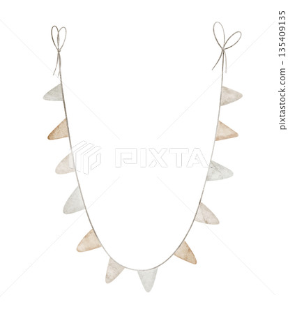 Garland watercolor illustration in pastel neutral beige colors with flags and simple string. Pennants for nursery design or baby shower greeting cards and childish invitations. Isolated clipart. Garland watercolor illustration in pastel neutral beige colors with flags and simple string. Pennants for nursery design or baby shower greeting cards and childish invitations. Isolated clipart. 135409135