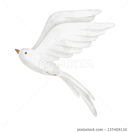 Bird watercolor illustration with extended wings. Drawing of animal in pastel colors for nursery design or baby shower greeting cards or childish invitations. Clipart on isolated background for kids. 135409138