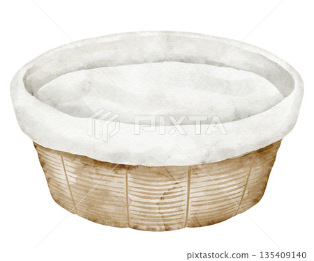 Basket watercolor illustration with soft textile rim and wooden base. Drawing ow wicker childish crib for nursery design or baby shower greeting cards or invitations. Clipart on isolated background. 135409140