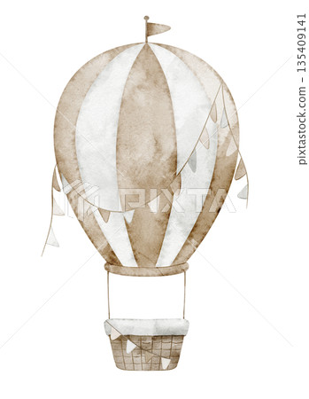 Air balloon watercolor illustration with garland. Drawing of Airship in pastel beige colors with flag for nursery posters or baby shower greeting cards and childish invitations. Aircraft for kids. 135409141