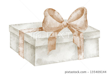 Gift box watercolor illustration with ribbon. Drawing of pastel beige present and brown Bow for baby shower greeting cards or kids Birthday invitations. Art for party design. Isolated clipart. 135409144