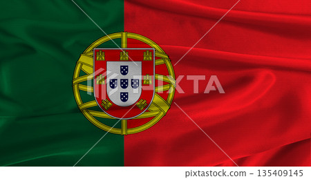 Flag of Portugal with fabric textured background. Close up of National flag of Portugal with realistic texture 135409145