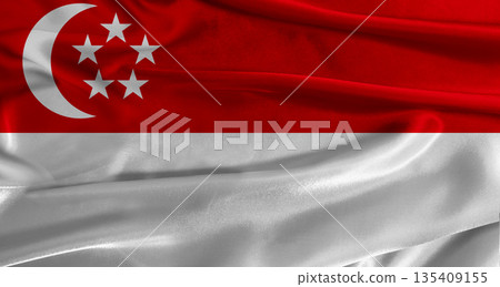 Flag of Singapore with fabric textured background. Close up of National flag of Singapore with realistic texture Flag of Singapore with fabric textured background. Close up of National flag of Singapore with realistic texture 135409155