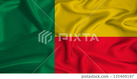 Realistic Benin flag waving. Close up of flag of Benin with cloth texture 135409197