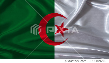 National flag of Algeria with cloth texture. Algeria flag with realistic texture background National flag of Algeria with cloth texture. Algeria flag with realistic texture background 135409209
