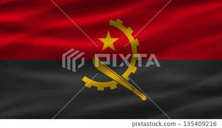 Angolan flag with fabric texture. Realistic flag of Angola waving, National flag Angolan flag with fabric texture. Realistic flag of Angola waving, National flag 135409216