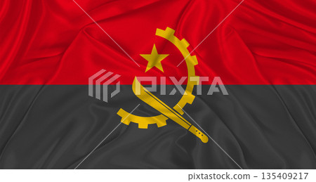 Angolan flag with fabric texture. Realistic flag of Angola waving, National flag Angolan flag with fabric texture. Realistic flag of Angola waving, National flag 135409217