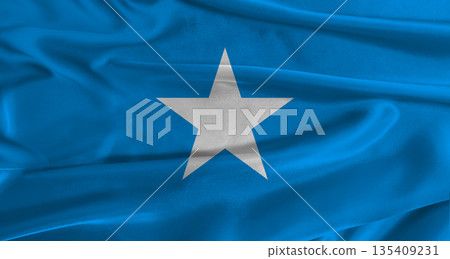 Flag of Somalia with fabric textured background. Close up of National flag of Somalia with realistic texture Flag of Somalia with fabric textured background. Close up of National flag of Somalia with realistic texture 135409231