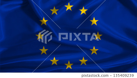 European Union flag with cloth textured background. National flag of the European Union with realistic texture 135409239