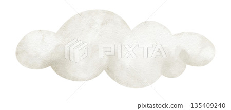 Cloud watercolor illustration with soft rounded form in a neutral beige pastel tone. Drawing of sky element for nursery design or baby shower greeting cards and childish invitations. Isolated clipart. 135409240
