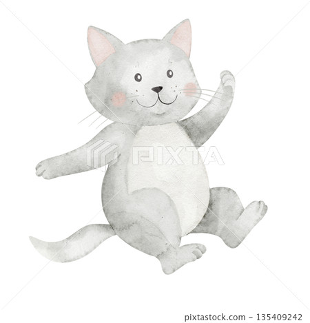 Cat watercolor illustration with kitten in pastel grey colors. Illustration of cute animal for nursery design or baby shower greeting cards and childish invitations. Clipart on isolated background. Cat watercolor illustration with kitten in pastel grey colors. Illustration of cute animal for nursery design or baby shower greeting cards and childish invitations. Clipart on isolated background. 135409242