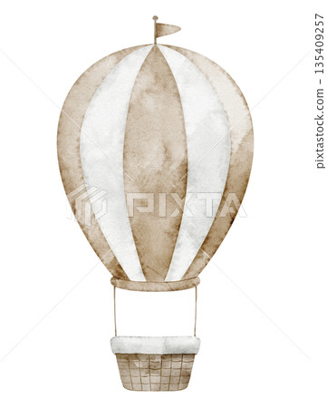 Air balloon watercolor illustration. Drawing of Airship in pastel beige colors with flag for nursery posters or baby shower greeting cards and childish invitations. Art of Aircraft for kids stationary Air balloon watercolor illustration. Drawing of Airship in pastel beige colors with flag for nursery posters or baby shower greeting cards and childish invitations. Art of Aircraft for kids stationary 135409257