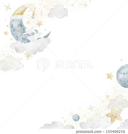 Moon watercolor illustration with clouds, stars and gentle splashes, forming a calm night Card for baby shower greeting cards, nursery posters and childish greeting cards. Square Template for bedtime. Moon watercolor illustration with clouds, stars and gentle splashes, forming a calm night Card for baby shower greeting cards, nursery posters and childish greeting cards. Square Template for bedtime. 135409258