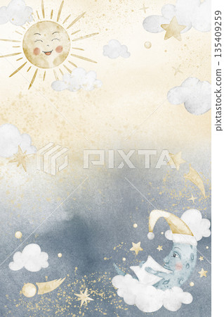 Day and night watercolor illustration blending sun, moon, clouds and stars, creating a balanced celestial Card for baby shower greeting cards and nursery posters. Template with Crescent and comets. 135409259