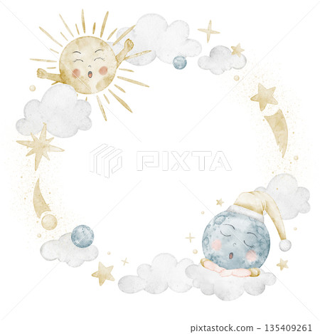 Wreath watercolor illustration with sun, moon, stars and clouds forming a circular day - night frame. Round frame with sky elements for baby shower greeting cards or childish invitations. Nursery art. Wreath watercolor illustration with sun, moon, stars and clouds forming a circular day - night frame. Round frame with sky elements for baby shower greeting cards or childish invitations. Nursery art. 135409261
