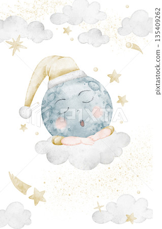 Moon watercolor illustration with clouds and stars forming a gentle night poster baby shower invitations or nursery design. Dreamy celestial Template for childish bedtime design and kids greetings. 135409262