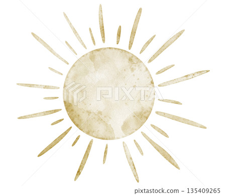 Sun watercolor illustration with warm shining rays. Drawing of sky element. Art with daylight for nursery posters or baby shower greeting cards and invitations. Symbol of morning. Isolated clipart. Sun watercolor illustration with warm shining rays. Drawing of sky element. Art with daylight for nursery posters or baby shower greeting cards and invitations. Symbol of morning. Isolated clipart. 135409265