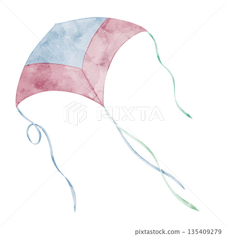 Kite watercolor illustration with colorful tail flying in the sky. Drawing of childish Toy with ribbons painted in pastel colors for Baby shower greeting cards or invitations. Art for nursery posters. 135409279