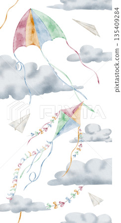 Kite watercolor vertical border with clouds and paper planes. Illustration of seamless pattern with flying Toys for baby shower greeting cards and childish birthday invitations. Art for kids frames. Kite watercolor vertical border with clouds and paper planes. Illustration of seamless pattern with flying Toys for baby shower greeting cards and childish birthday invitations. Art for kids frames. 135409284