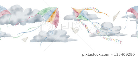 Kite watercolor border with clouds and paper planes. Illustration of seamless pattern with flying Toys for baby shower greeting cards and childish birthday invitations. Art for kids frames and banner. Kite watercolor border with clouds and paper planes. Illustration of seamless pattern with flying Toys for baby shower greeting cards and childish birthday invitations. Art for kids frames and banner. 135409290