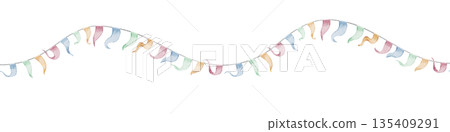Garland watercolor border with curved colorful Ribbons. Illustration of seamless pattern for baby shower greeting cards and childish birthday invitations. Art of Frame for banner or kids stationary. Garland watercolor border with curved colorful Ribbons. Illustration of seamless pattern for baby shower greeting cards and childish birthday invitations. Art of Frame for banner or kids stationary. 135409291