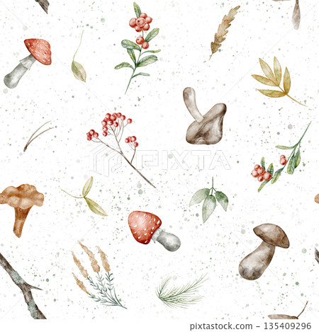 Watercolor seamless pattern with plants, mushrooms, fall leaves and red berries. Illustration of forest background with cranberry and fly agaric for autumn wrapping paper on isolated backdrop. 135409296