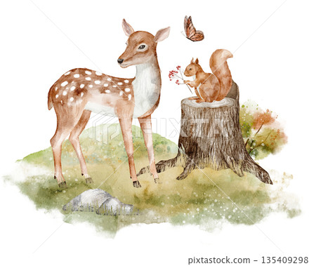 Watercolor Fawn and Squirrel on a stump with butterfly and autumn flora. Illustration of woodland animals for nursery poster. Drawing of Deer in fall Forest for baby greeting cards or invitations. 135409298