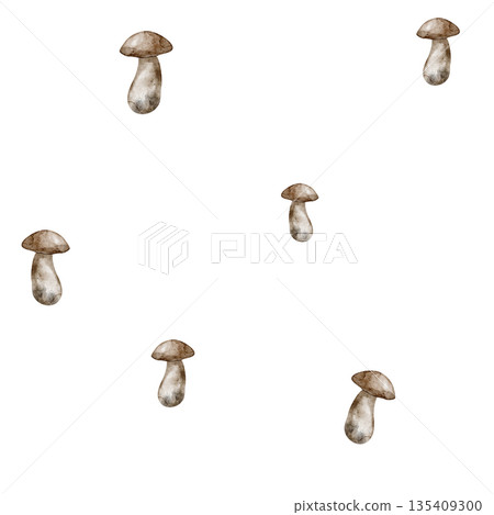 Watercolor seamless Pattern of boletus mushrooms on isolated background. Illustration of backdrop with edible woodland fungus for autumn fabric prints, seasonal wrapping paper or textile design. Watercolor seamless Pattern of boletus mushrooms on isolated background. Illustration of backdrop with edible woodland fungus for autumn fabric prints, seasonal wrapping paper or textile design. 135409300