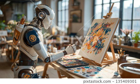 Humanoid robot artist painting colorful abstract artwork on canvas in cozy creative studio with brushes and art supplies around, warm daylight interior background. Concept of artificial intelligence a 135409301