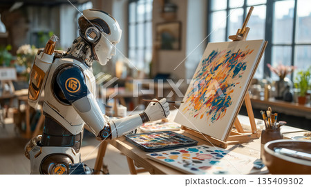 Humanoid robot artist painting vibrant abstract canvas in creative studio with brushes and paints on table and soft daylight background. Concept of artificial intelligence and creativity 135409302