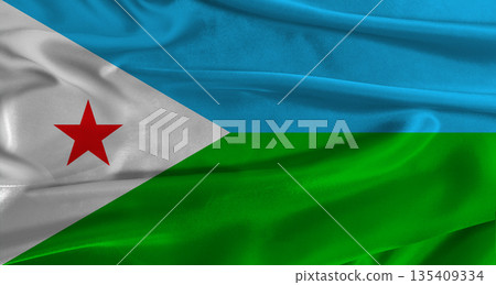 Flag of Djibouti with fabric textured background. Close up of National flag of Djibouti with realistic texture 135409334