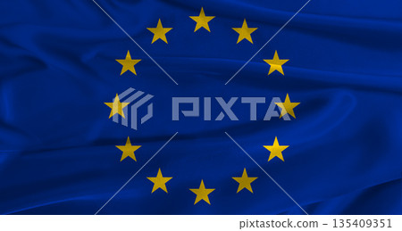 Flag of the European Union with fabric textured background. Close up of National flag of the European Union with realistic texture 135409351