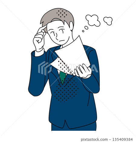 Illustration of a businessman thinking while reading a document Illustration of a businessman thinking while reading a document 135409384
