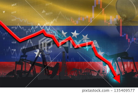 Crude crisis with Venezuelan flag on financial graph. Fall oil price with flag of Venezuela on economic chart 135409577