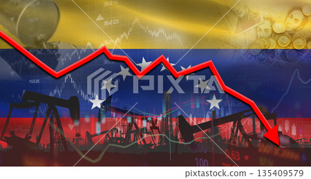 Fall oil price with Venezuelan flag on economic chart. Petrol crisis with Venezuelan flag on financial graph Fall oil price with Venezuelan flag on economic chart. Petrol crisis with Venezuelan flag on financial graph 135409579