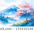 Beautiful watercolor painting of cherry blossom trees in full bloom and Mount Fuji 135410148
