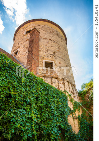 Outdoor view of Pernstejn castle near the Nedvedice village, Czech Republic. Fairytale castle on hill during summer day. Big stone walls and towers. Outdoor view of Pernstejn castle near the Nedvedice village, Czech Republic. Fairytale castle on hill during summer day. Big stone walls and towers. 135410241