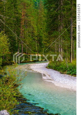 The Krumme Steyr river near the village Hinterstoder and famous lake Schiederweiher. Pure fresh water near Austrian Alps and mountains peaks. Soft colors, peace in nature. The Krumme Steyr river near the village Hinterstoder and famous lake Schiederweiher. Pure fresh water near Austrian Alps and mountains peaks. Soft colors, peace in nature. 135410375