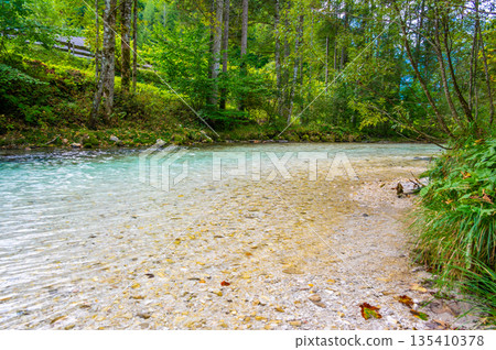 The Krumme Steyr river near the village Hinterstoder and famous lake Schiederweiher. Pure fresh water near Austrian Alps and mountains peaks. Soft colors, peace in nature. 135410378