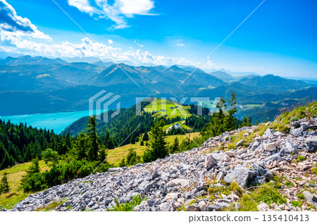 Hiking on the Schafberg hill, Austria. Schafberg by Sankt Wolfgang im Salzkammergut on lake Mondsee (moonlake, moon). Upper Austria (Oberosterreich), Salzburg. 135410413