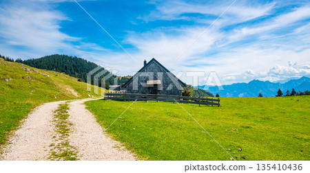 Hiking on the Schafberg hill, Austria. Schafberg by Sankt Wolfgang im Salzkammergut on lake Mondsee (moonlake, moon). Upper Austria (Oberosterreich), Salzburg. 135410436