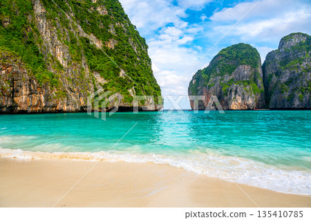 View of famous Maya Bay, Thailand. One of the most popular beach in the world. Ko Phi Phi islands. Beach without people. 135410785