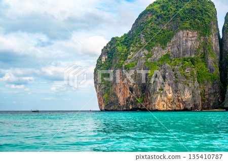 View of famous Maya Bay, Thailand. One of the most popular beach in the world. Ko Phi Phi islands. Beach without people. 135410787