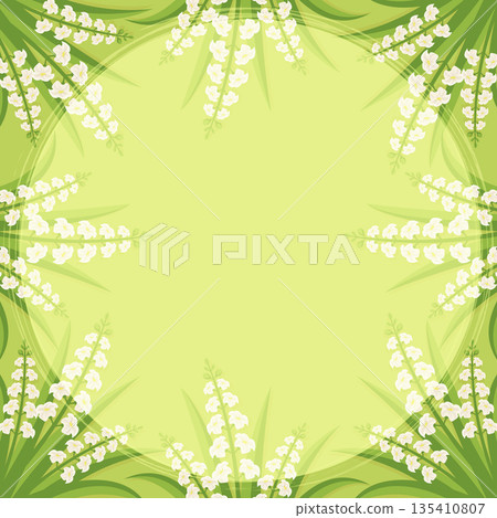 Spring lily of the valley floral border frame with white flowers and green leaves vector background. 135410807