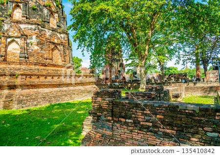 Ruins of ancient city and temples Ayutthaya, Thailand. Old kingdom of Siam. Summer day with blue sky. Famous tourist destination, spiritual place near Bangkok. Ruins of ancient city and temples Ayutthaya, Thailand. Old kingdom of Siam. Summer day with blue sky. Famous tourist destination, spiritual place near Bangkok. 135410842