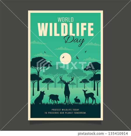 World Wildlife Day vertical poster with forest animal silhouettes deer fox and rabbit in woodland. World Wildlife Day vertical poster with forest animal silhouettes deer fox and rabbit in woodland. 135410914
