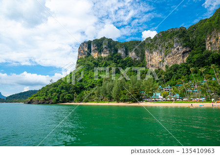 Limestone rock near the Railay beach, Thailand. Krabi province. Exotic tourist destination. 135410963